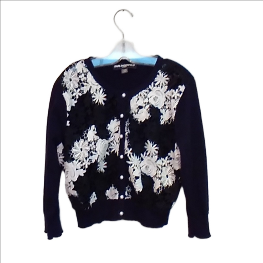 Karl Lagerfeld Black White Floral Crochet Lace Front Cropped Cardigan Sweater